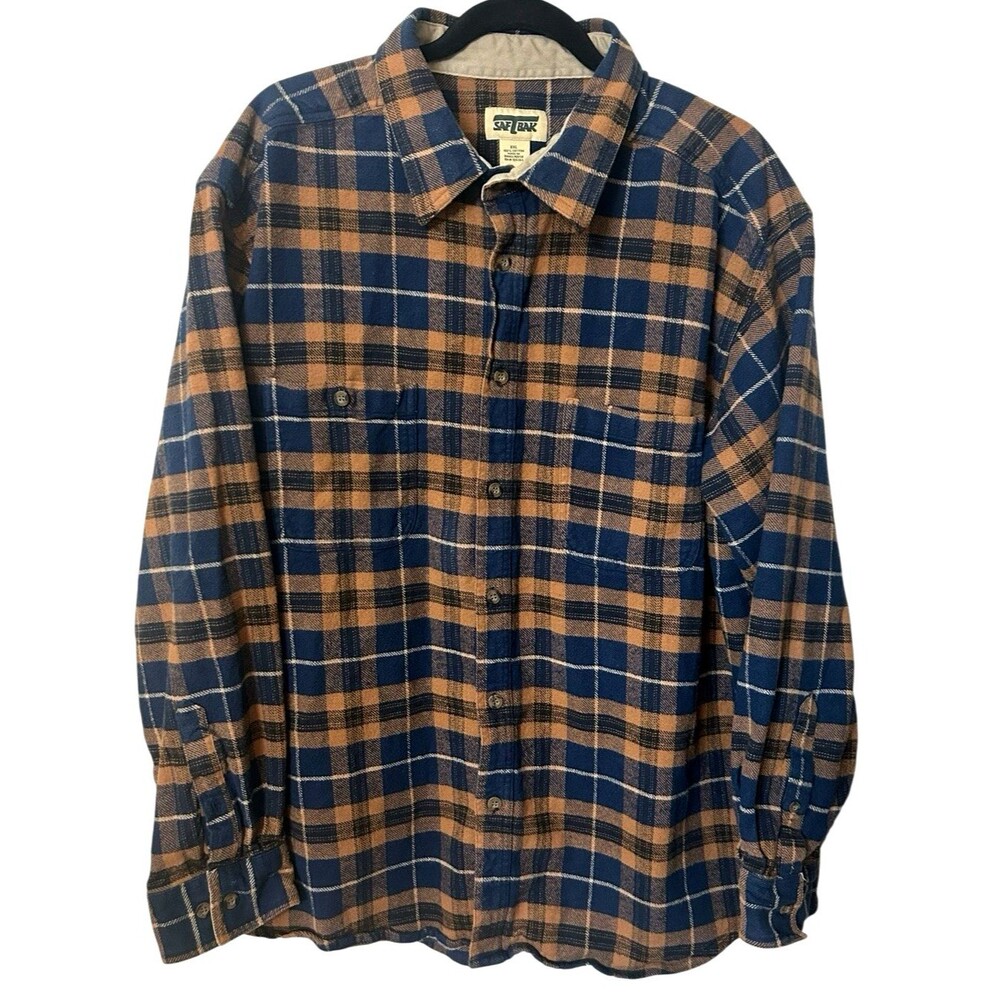 Vintage SafTbak Mens XXL Plaid Flannel Brown Blue  Shacket Button Up Cotton